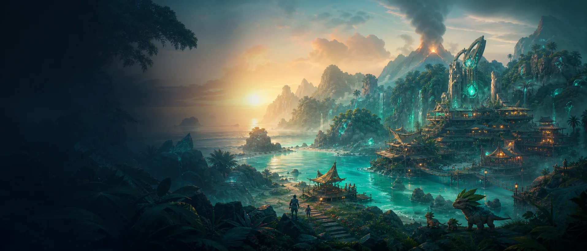 Original fantasy island settlement at sunrise